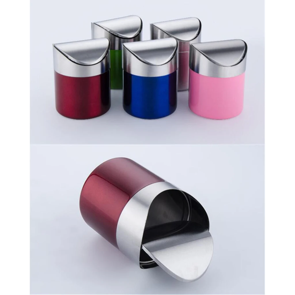 Pink/Blue/Green/Red/Silver Stainless Steel Trash Can Desktop Mini Ashtray Car Garbage Bin Home Office Kitchen
