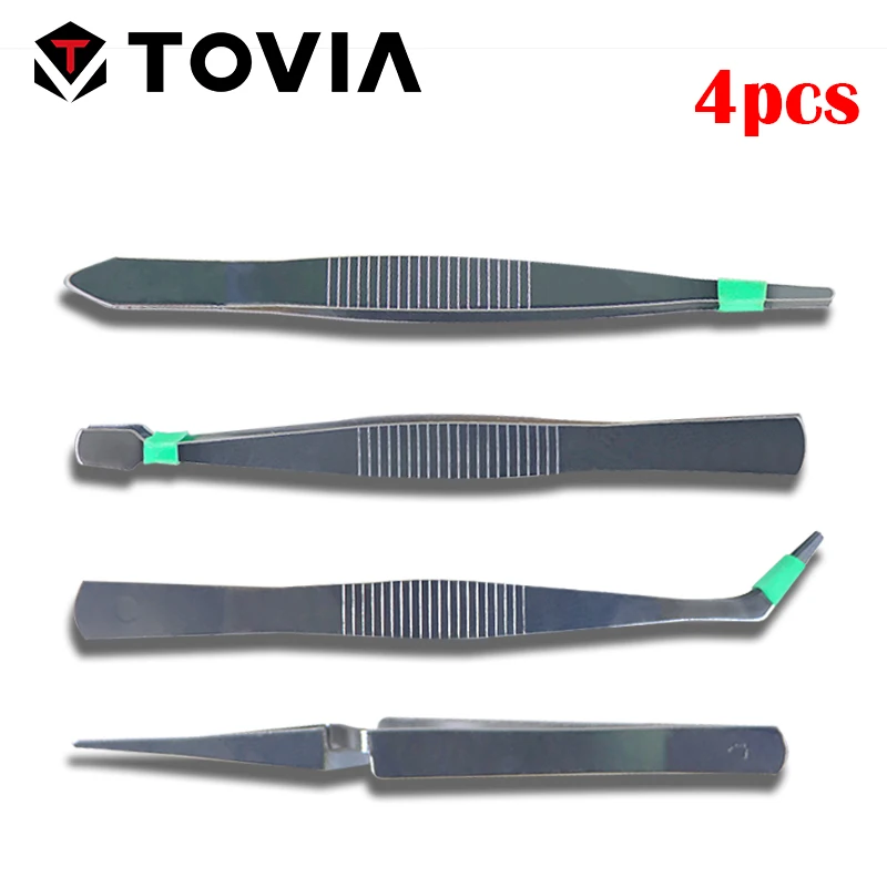 TOVIA 4pcs Anti-static ESD Industrial Tweezers Set Stainless Steel Precision Straight Tweezers Maintenance Repair Tool