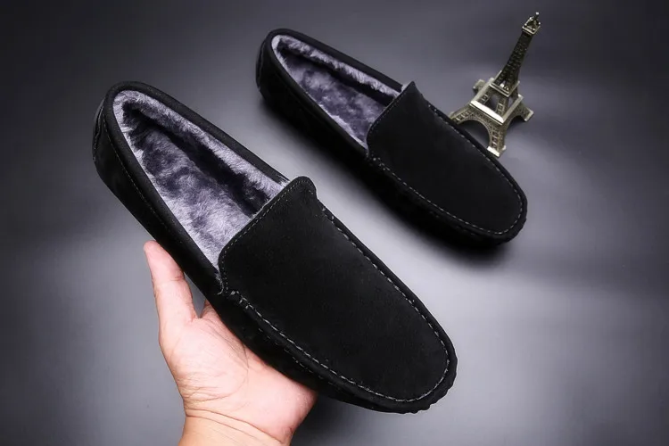 Wandai-M9308-Black Мужские лоферы; обувь на плоской подошве; зимняя теплая плюшевая Повседневная замшевая обувь; Мужская обувь для вождения без шнуровки; мужские меховые мокасины; Цвет Черный - Цвет: Wandai-M9308-Black