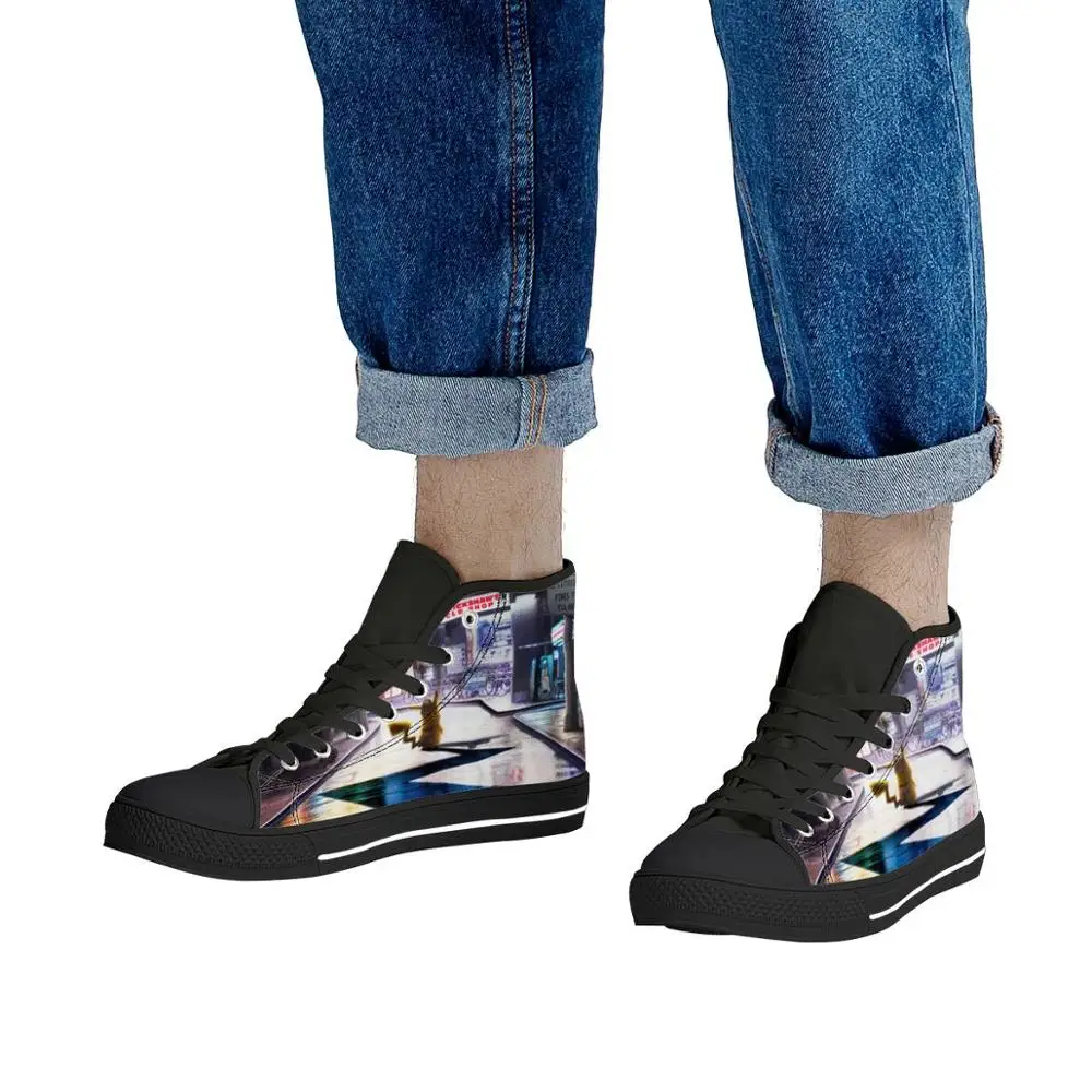 

Pikachu 3D cartoon anime print pattern high-top canvas shoes black vulcanized shoes men and women off-white shoes