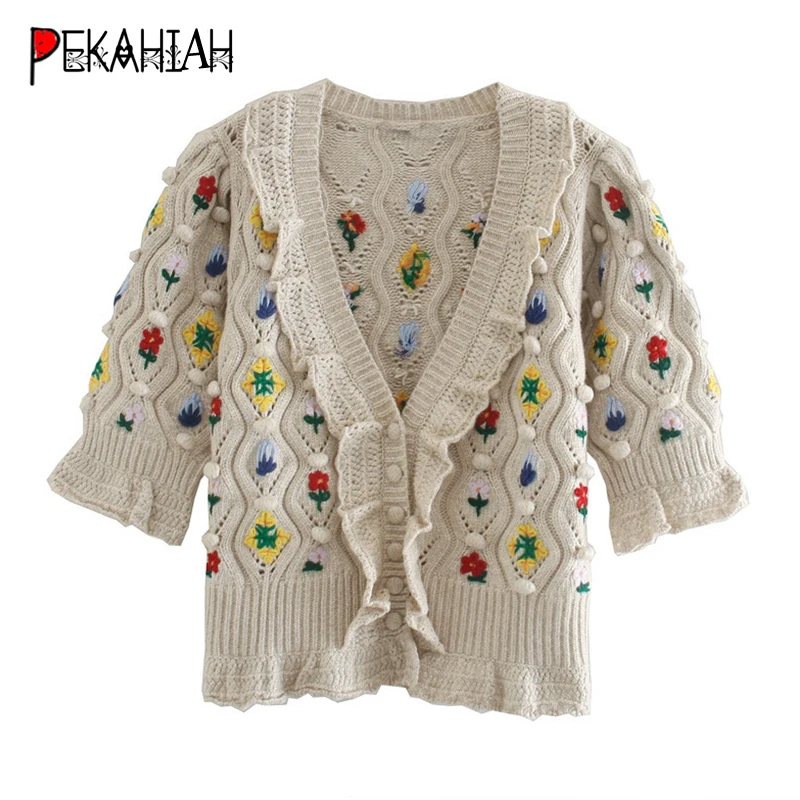 Vintage V-Neck Beige Knitted Sweater Fashion Slim Embroidexy Print Warm Cardigan Lady Casual Loose Chic Top 2020 New |