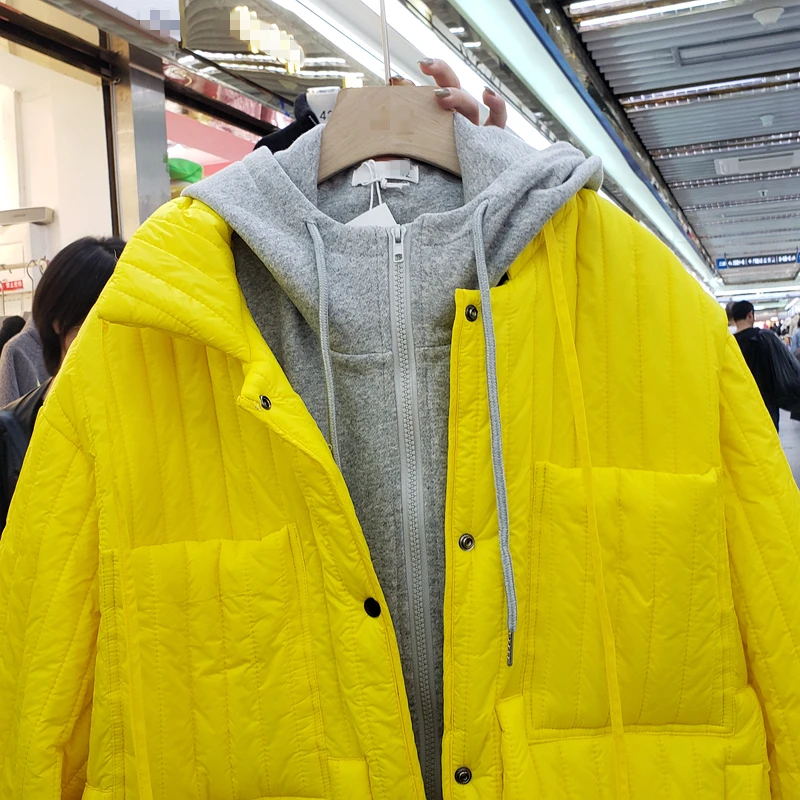 European Autumn Winter New Loose-fitting Parka Coat Hoodie Stitching Fake Two-piece Hooded Down Cotton Jacket Woman Outwear