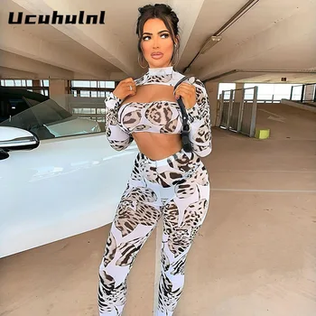 

2020 Mesh See-through Print Extra Crop Tank Top Leggings Casual 3 Pieces Set Summer Women Fashion Streetwear Outfits Tracksuit