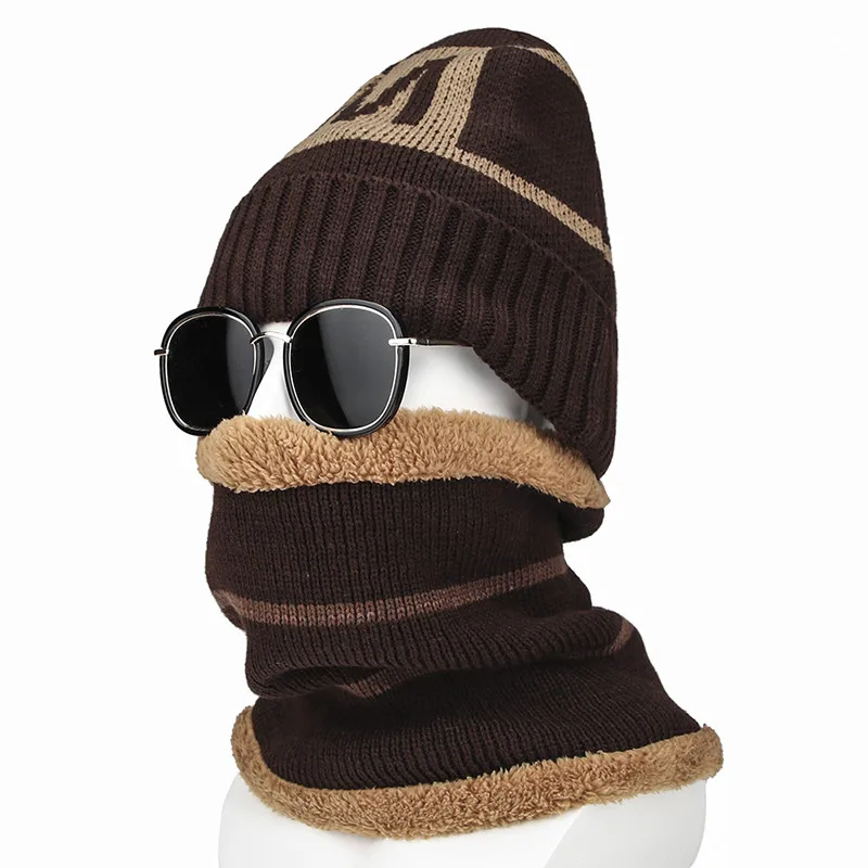 Комплект из 2 предметов модные унисекс Зимние теплые вязанные шапочки Skullies& Beanies с шарфами Тип головного убора вязаные шапочки зимние, шапки для Для мужчин