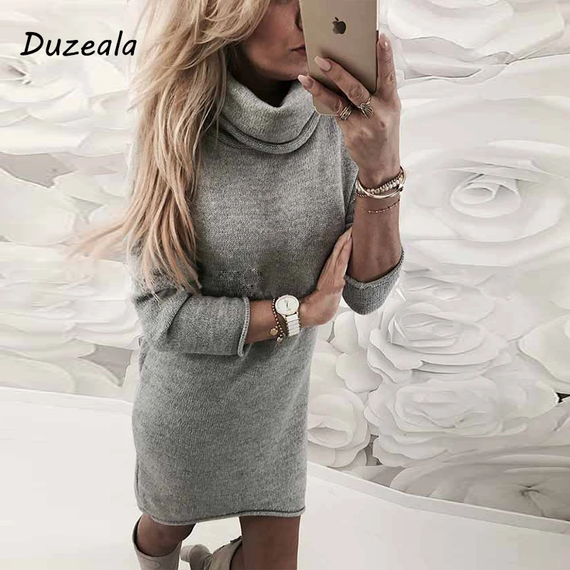 2021 Fashion Lady's Sweater Solid Turtleneck Long Casual Sleeve Pullove Dress Sueteres dress | Женская одежда