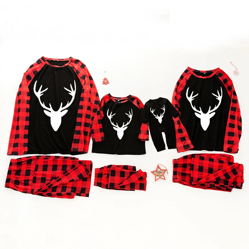 

2020 Family Matching Christmas Pajamas Cartoon Deer Head Print Plaid Pants Set Family Look Clothes Adult Kid Sleepwear Nightwear