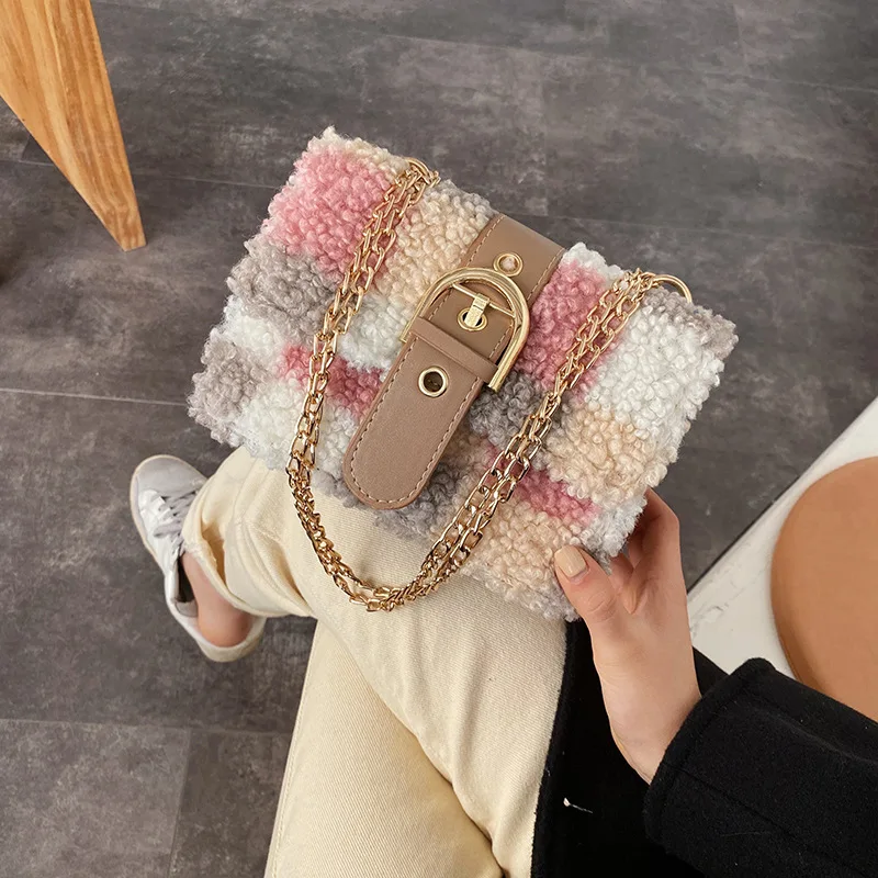 

Autumn And Winter Bag Women's 2019 New Style Korean-style Lambs Wool Chain Bucket Bag Versatile INS Plaid Plush Shoulder Bag