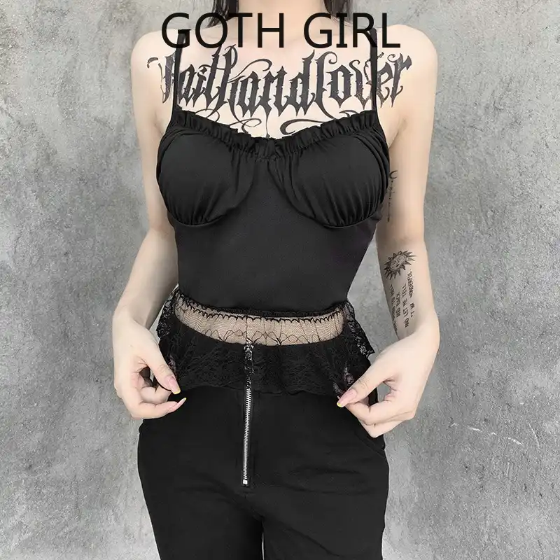 ゴス少女新ホットデザインセンス裸バックプリーツダンガリーシャツ女性のレースのステッチ胸強調しトップファッションy2kファッション キャミソール Aliexpress