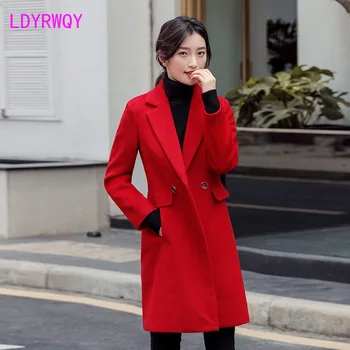 

2019 autumn and winter quilted padded over the knee woolen coat female Double Breasted Turn-down Collar Button