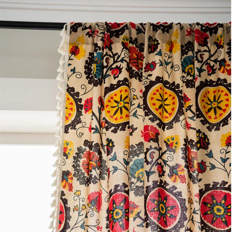 Bohemian Sunflower Cotton Linen Curtains with Tassels for Living Room Bedroom Kitchen Balcony Room Floral Window Blinds Factory 4