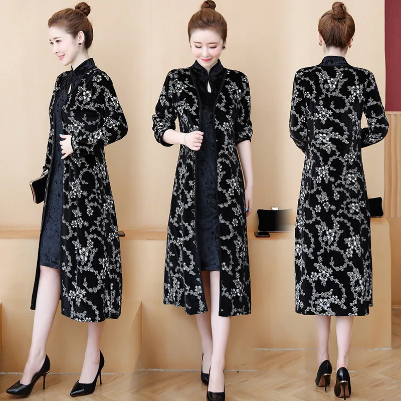 

2019 Improved Cheongsam Dress Mid-length Retro Shawl Outdoor Two-Piece Set Gold Velvet Cardigan Vest
