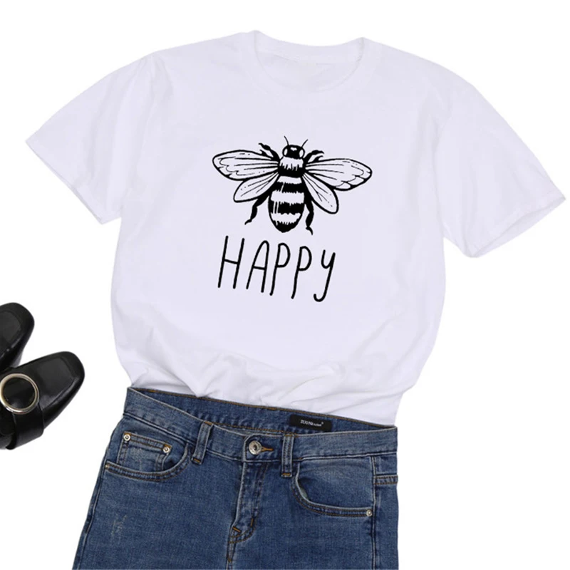 Белый Женская футболка с надписью Happy Bee, хлопок, Повседневная футболка с коротким рукавом, осень, базовая футболка с круглым вырезом, женская одежда - Цвет: Белый