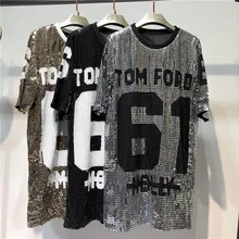 

Fashion T-shirts Women Black and White Letters Long Loose T Shirt Girls Student Leisure T-shirt Ladies Night Club Clothing