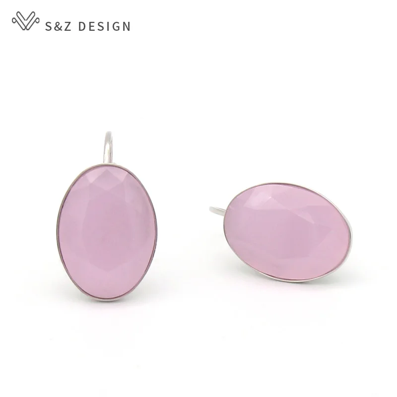 S&Z DESIGN New Trendy 585 Rose Gold Color Luxury Big Oval Pink Crystal Dangle Earrings For Women Wedding Jewelry
