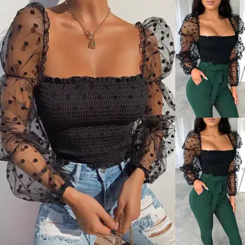 חדש נשים מנוקדת רשת Sheer לראות דרך ארוך שרוול טי פאף שרוול T חולצות