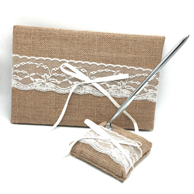 

Vintage Lace Jute Ribbon Wedding Party Guest Book Register Pen Holder Set