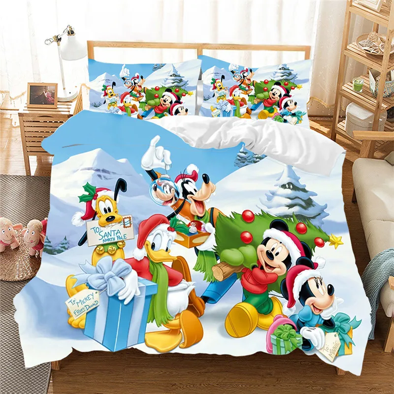 Mickey Minnie Christmas Santa Claus Bedding Set Duvet Cover Children Bed Set Queen King Siz Gift Comforter Bedding Sets