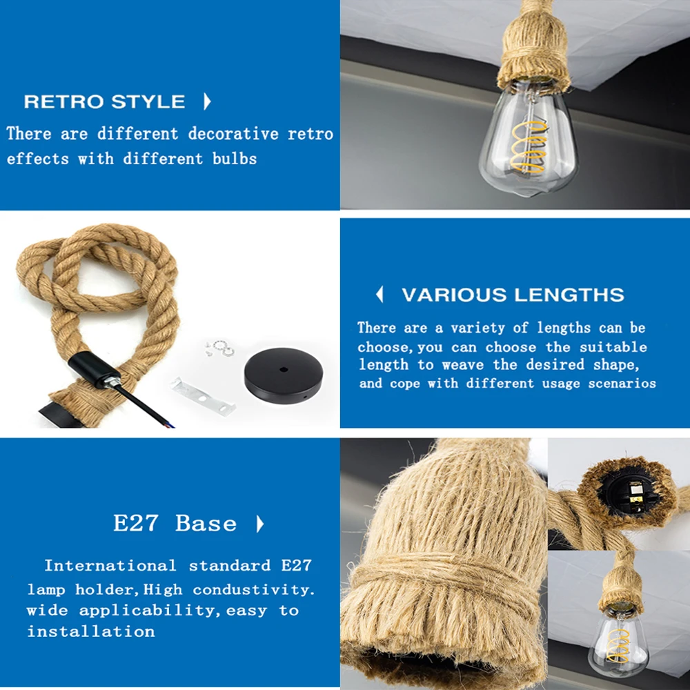 Vintage Hemp Rope Pendant Light Retro Industrial Hanging Lamp Creative Loft Country Style Edison Bulb Home Lamps  Decorations