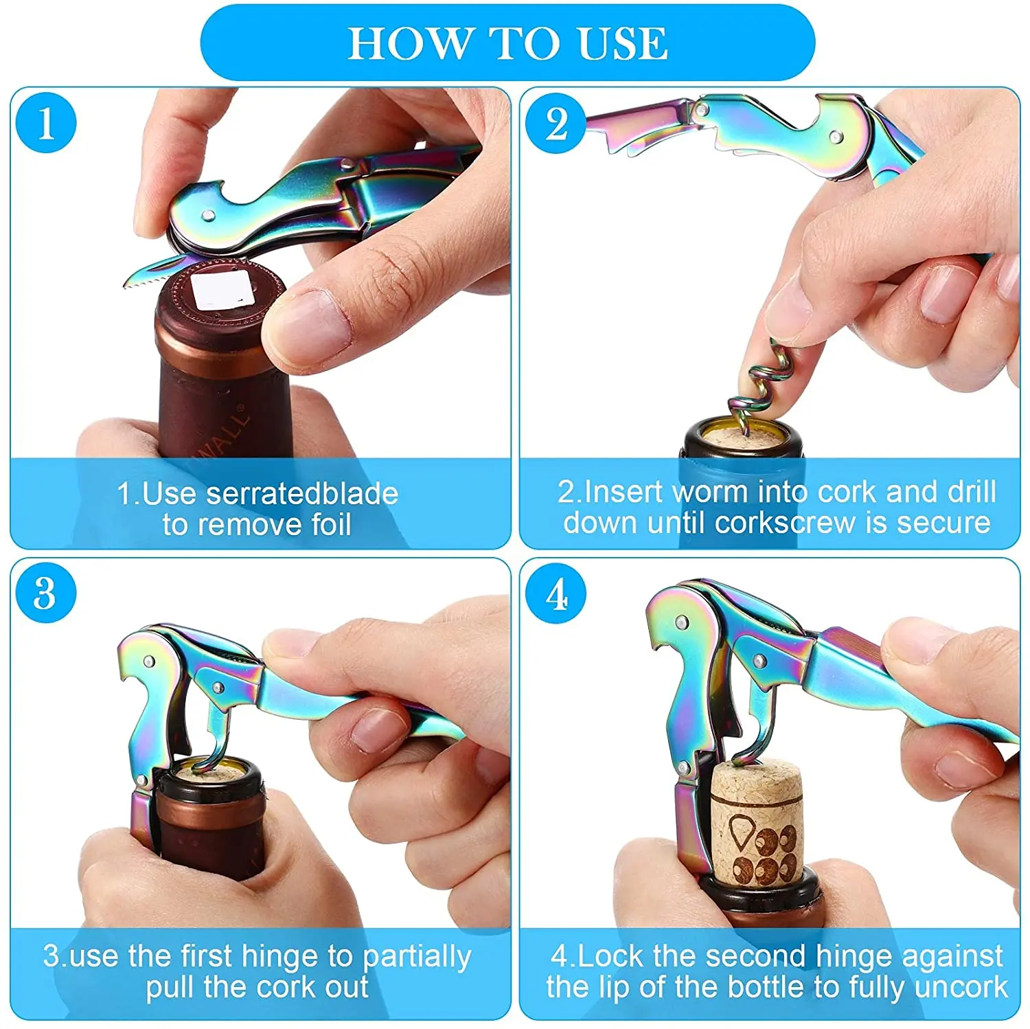 Wine Opener Stainless Steel Double Hinge Corkscrew Professional Waiter Beer Bottle Opener and Foil Cutter Gift for Wine Lovers