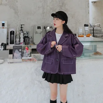 

Spring and Autumn New Style Korean-style Loose Purple Leather Coat