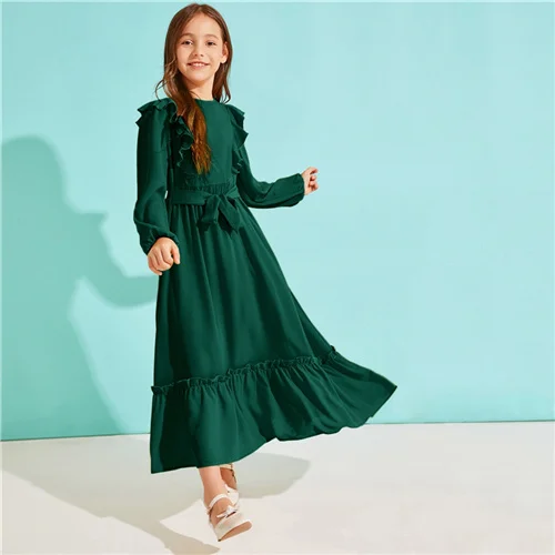 Зеленый SHEIN Kiddie/однотонное платье с оборками на подоле для девочек с поясом; коллекция года; сезон осень; милые детские макси платья с высокой талией на молнии сзади - Цвет: Зеленый