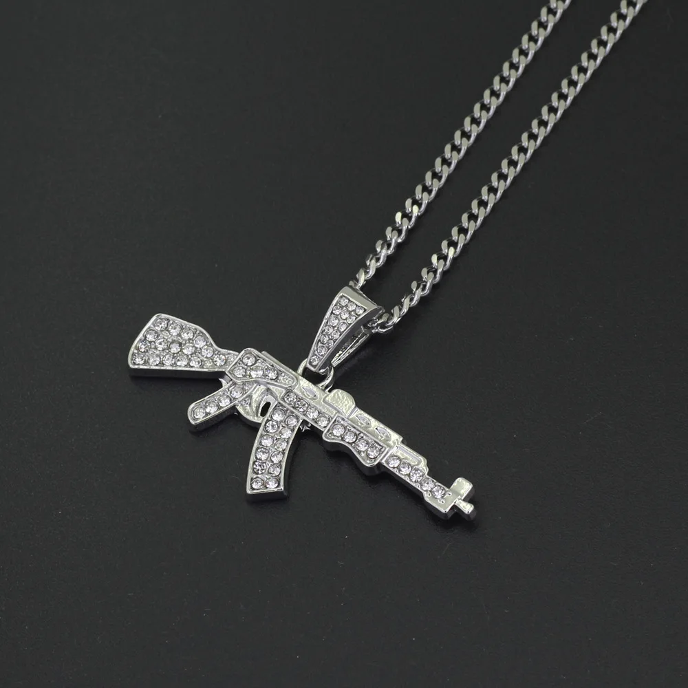 Bling bling AK-47 вращающийся пистолет-пулемет, в стиле «хип-хоп» золото cеребро кулон кристалл ожерелье, льдом кубинская цепь ювелирные изделия