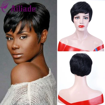 

AILIADE 2020 Short Natural Straight Black Synthetic Wigs With Bangs Heat Resistant Fiber For Black Women Daily Free Gift