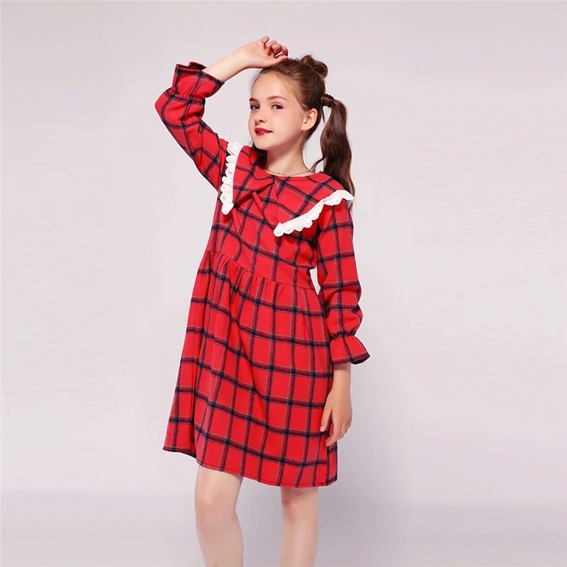 Kseniya Kids/ ; сезон весна-осень; платье с длинными рукавами для девочек; хлопковое плотное теплое платье в клетку с кружевным воротником