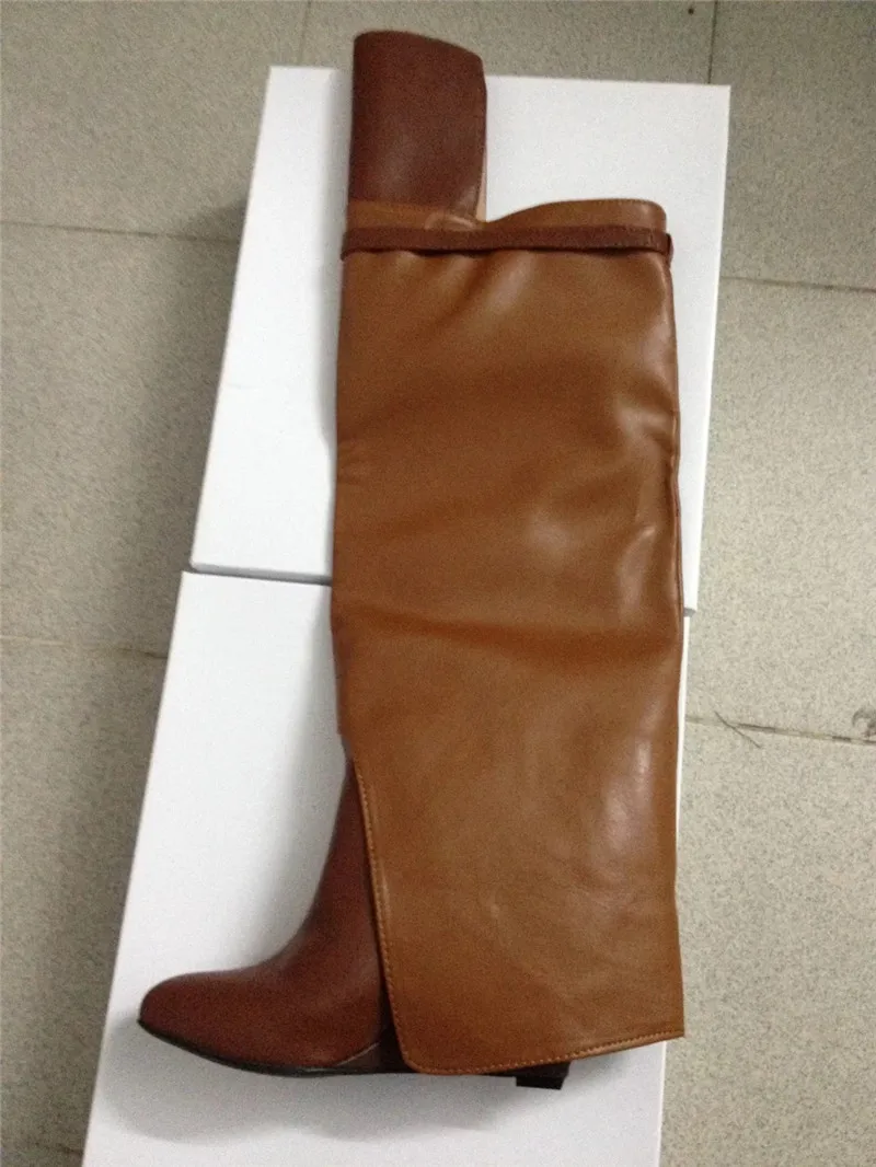 Chic Folded Woman Boots Round Toe Slip On Slim Mid Calf Bottes Narrow Belt Buckle High Wedges Heel Party Fashion Boots Women