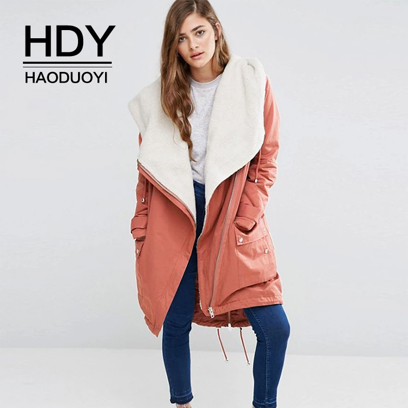 

HDY Haoduoyi Fashion New Wild Zipper Button Decoration Solid Color Cotton Coat With Hat Fur Collar Autumn And Winter Coat