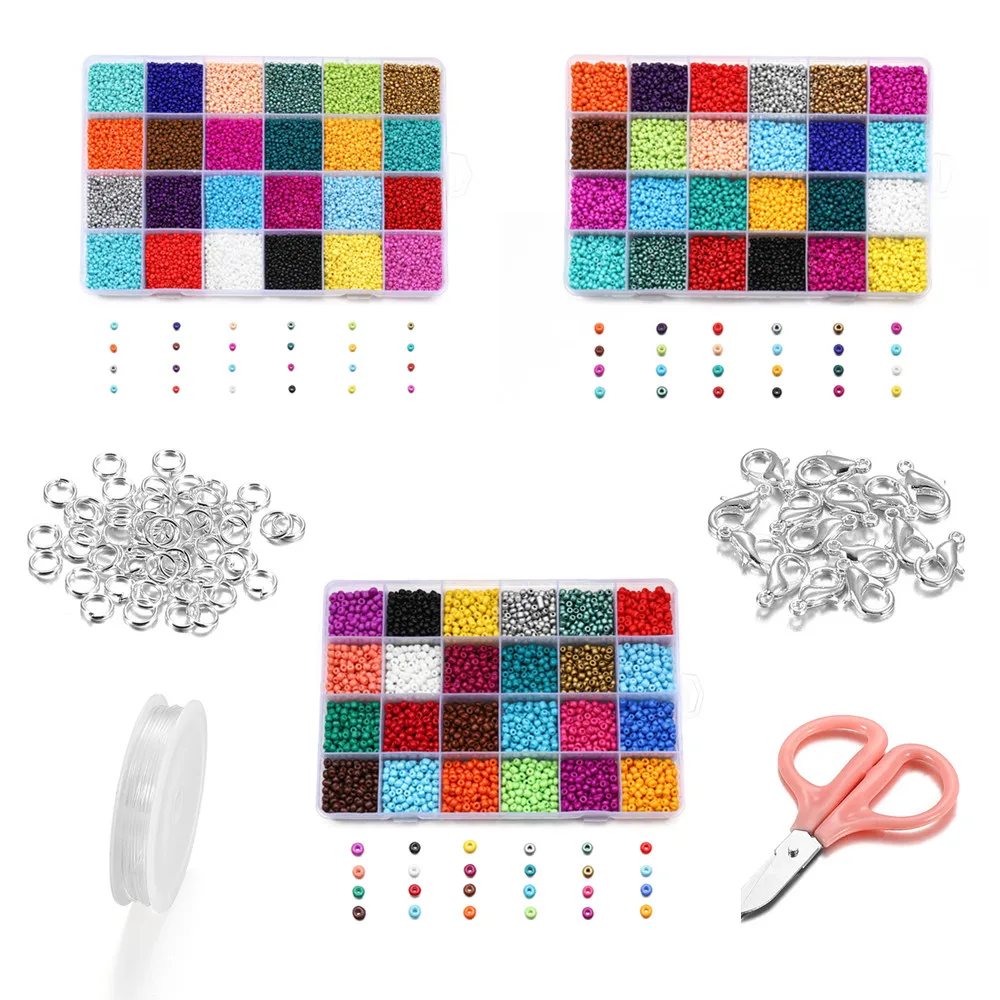 

2/3/4mm 24Colors Mixed Beads Glass Bead Silver Lobster Clasps Split Ring Safety Scissors Elastic Thread Sets for Jewelry Making