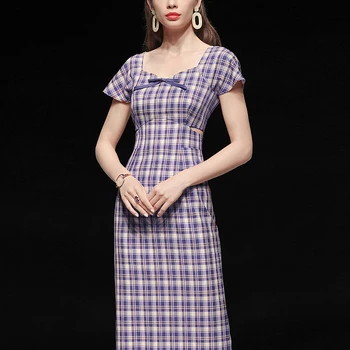 

Seifrmann Summer Women Fashion Designer Midi Dress Short Sleeve Bow Plaid Printed Elegant Bodycon Fit Ladies Pencil Dresses 2020