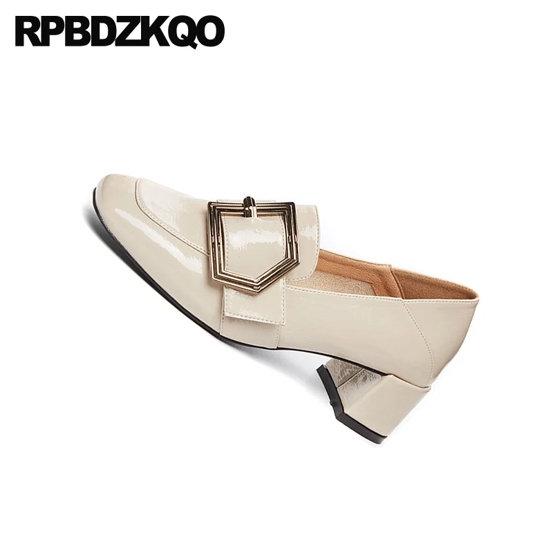 ladies high heels slipper patent leather square toe pumps women korean chunky beige thick medium shoes fashion size 33 metal