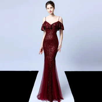 

BGW Pretty Formal Evening Dresses Spaghetti Strap Short Sleeves 2020 Sequined Mermaid Vestito Da Sera Corto Backless