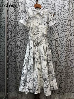 

Top Quality Cotton Dress 2020 Summer Fashion Clothing Women Turn-down Collar Exquisite Prints Short Sleeve Big Swing Dress XL