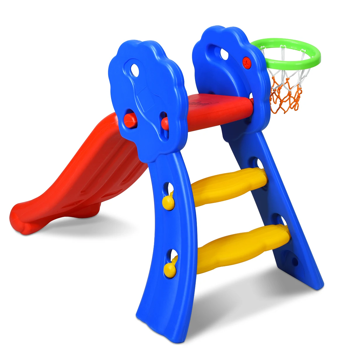 2 Step Children Play Folding Slide w/ Basketball Hoop Kids Indoor & Outdoor