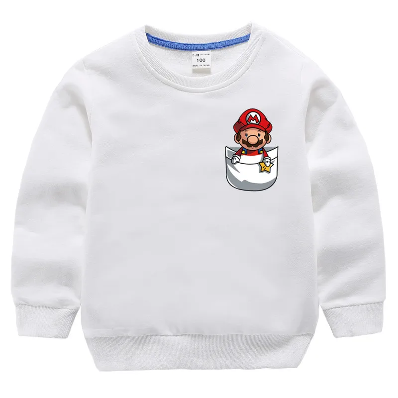 Детские хлопковые толстовки с капюшоном с принтом «Super Mario Bros», хлопковый пуловер для девочек, топы для маленьких мальчиков, осенний Детский свитер - Цвет: T125G-white