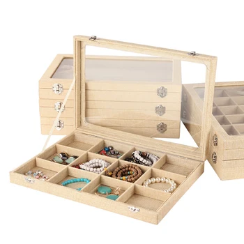 

Multiple Choice Linen Handbag With Glass Cover Jewelry Ring Display box tray rack Storage box Organizer Earrings Ring Bracelet