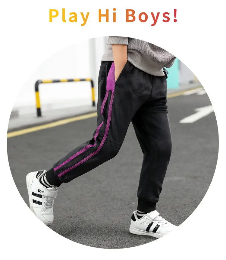 Boy Winter Flannel Fitness Pants with Side Stripe Kids Thicken Warm Fleece Baby Pants Teens Casual Velvet Lined Trousers 3 Color