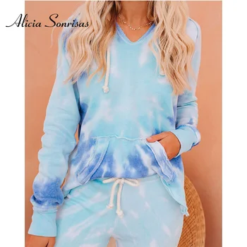 

Tracksuit Womens Two Piece Outfits Tie Dye Print Matching Sets for Women Sweat Suits Long Sleeve Hoodie Sweatshirt Pants Suit