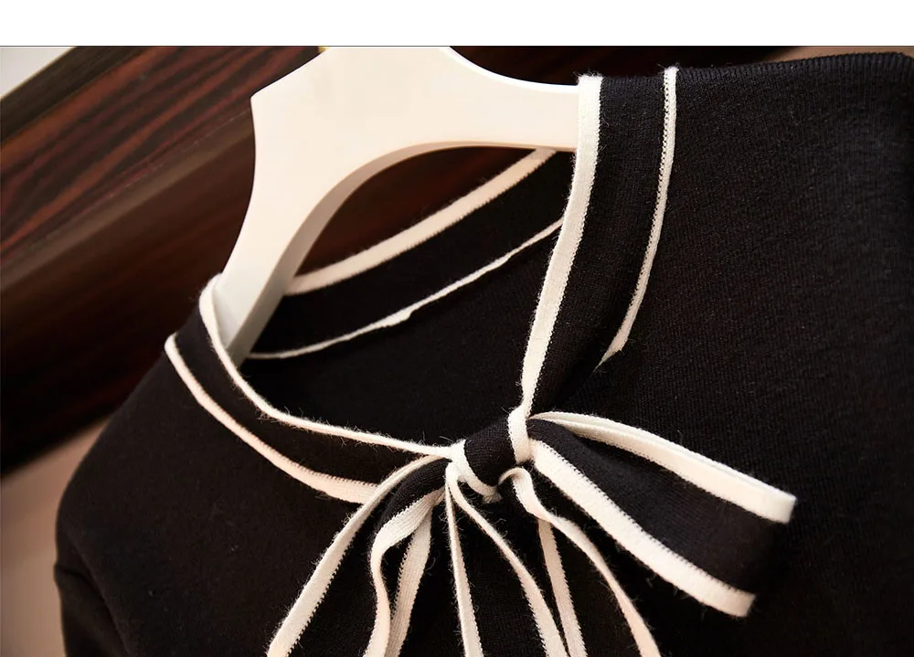 BLLOCUE осень-зима вязаный Комплект из 2 предметов Для женщин с бантом с длинными рукавами вязаный свитер Топ+ с высокой талией, в полоску, костюмы с юбкой