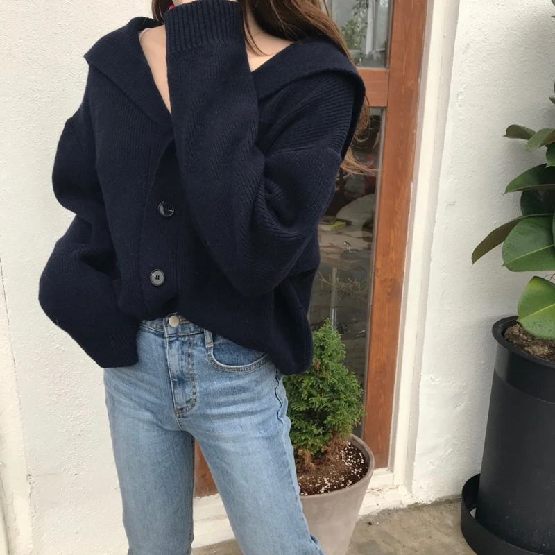 black sweater RealShe вязаный свитер кардиган с капюшоном с длинным рукавом Однотонный свитер пуговицы женские весенние элегантные повседневные свободные свитера женские - Цвет: black sweater