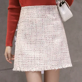 

Tassel Winter Tweed Skirts Women Vintage Autumn Mini Pencil Skirts Plaid Wool Skirts Korean Bodycon High Waist Skirt Lady V919