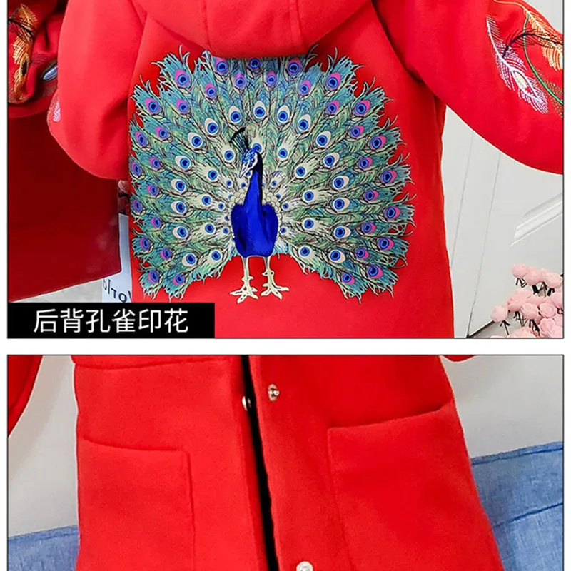 Зимняя куртка; пальто для девочек с принтом павлина; одежда для детей; красное пальто; утепленная одежда; шерстяное пальто для детей; верхняя одежда