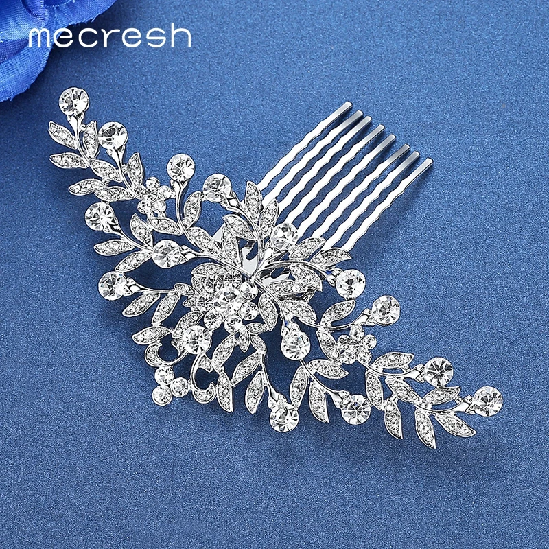 Mecresh Silver Color Rhinestone Flower Leaf Bridal Hair Comb for Girls Crystal Hair Ornaments Jewelry Wedding Accessories