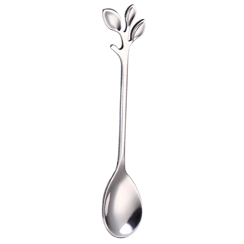 Бытовая кофейная ложка из нержавеющей стали, креативная ложка для перемешивания листьев, ложка для пары, Рождественский подарок - Цвет: Silver spoon