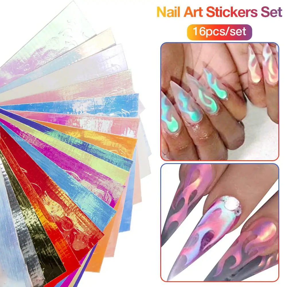 

16PCS Holographic Fire Flame Nail Vinyls Stencil Hollow Stickers Laser Silver Stripe Sticker DIY Foil Decal Sticker Beauty Nail