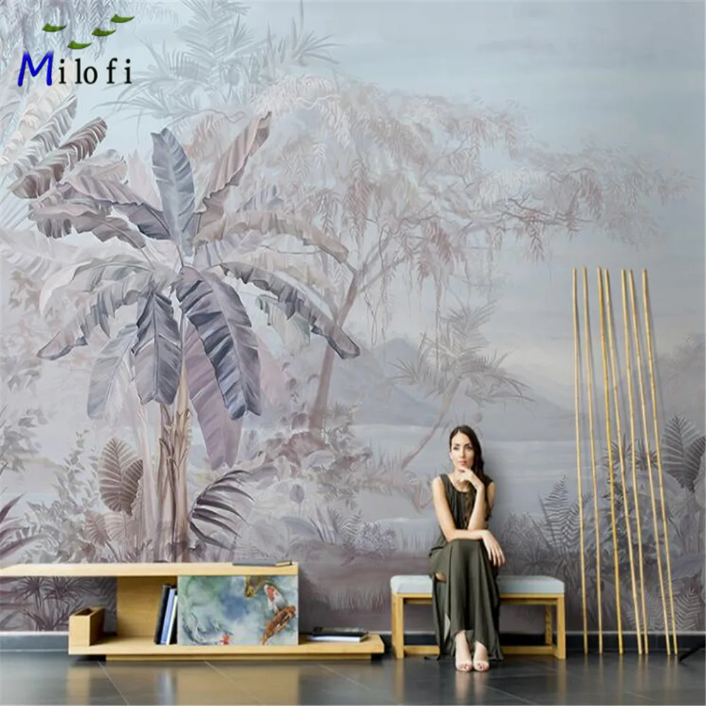 

Milofi Southeast Asia hand-painted banana leaf personality mural TV background wall paper living room sofa custom wall covering