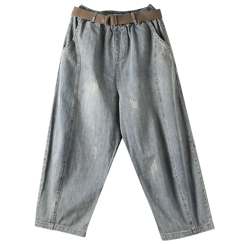 Spring Autumn Bleached Jeans Women Elastic Waist Loose Casual Denim Pants Ladies Washed Pockets Cotton Trousers With Belt