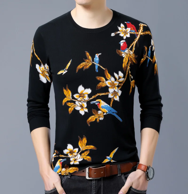 Mode Trui Erkek Kazak Gold Sueter Hombre Slim Fit Pull Homme Heren Bloemen Gedrukt Trui Heren Chompas Hombre